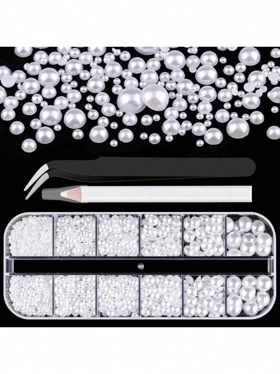 Ensemble de perles demi-rondes de 12 tailles différentes de 2 à 10 mm, perles demi-rondes plates, convient pour les tasses, l'artisanat, la couture DIY, comprend des pinces et un stylo pointeur - multicolore - Voir 1