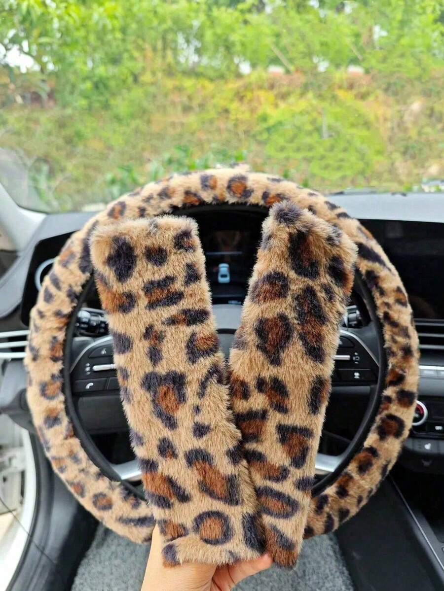 1/3Pcs Leopard Print Car Steering Wheel Cover - Soft & Comfortable, Inner-Free Design For 38cm/15inch Wheels, Protective Cover With Shoulder Pad Set, Auto Interior Decoration Accessory - Multicolor - View 1