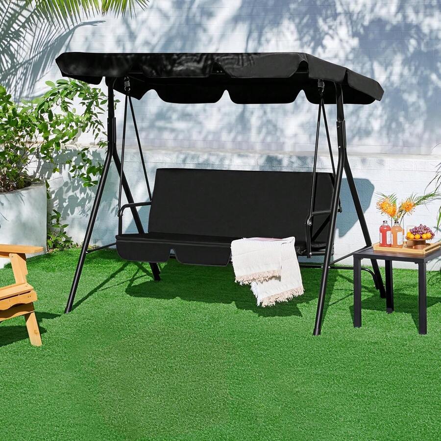 Outdoor Patio Swing Chair With Adjustable Canopy, Outdoor Patio Glider Swing With Heavy Duty Stand For 3 Adult Persons, Ideal For Deck, Lawn, Backyard, Or Porch - Black - View 1
