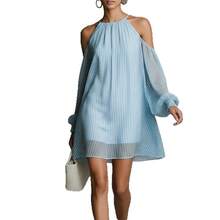 Women Striped Halter Cold Shoulder Mini Dress, Chiffon Flowy Long Sleeve A-Line Dress, Off Shoulder Bubble Cuff Casual Tunic Dress, Lightweight Summer Beach Cover Up - 淺藍色 - 查看 3
