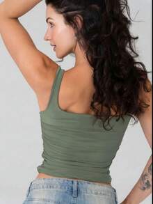 Square Neck Tank Top With Double Lining And Side Ruching, Thin Straps, And Spandex Fabric. - Olive Green - View 2