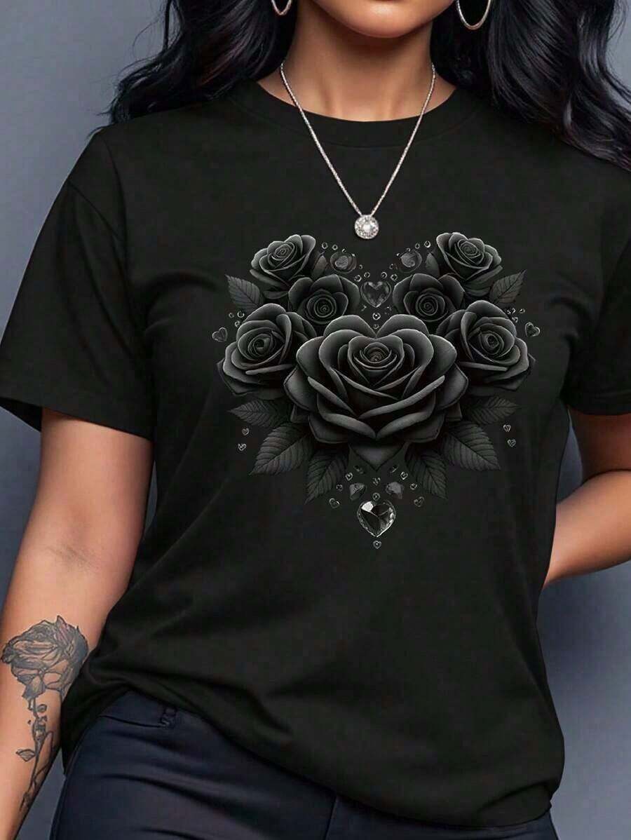 Women's Casual And Versatile Short-Sleeved T-Shirt With Cherry Print And Round Neck, Comfortable Summer Cotton Short-Sleeved T-Shirt For Men And Women - 黑色 - 查看 1