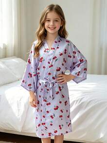 Tween Girls' Solid Color Casual Loose Waist Tie Robe - Multicolor - View 3