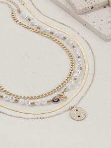 4pcs/Set Vintage Evil Eye Coin Pearl Layered Pendant Necklace Set For Women, Suitable For Daily Wear, Valentine's Day Gift, Gift For Girlfriend, Gift For Mom - Gold - View 3