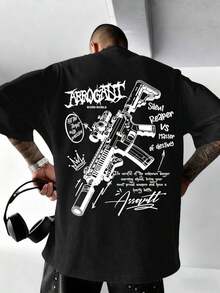 Camiseta de manga corta de cuello redondo con estampado de arma y texto en inglés para hombre, de corte holgado y casual.Diseño exquisito, esencial para el verano, fácil de combinar - Negro - Ver 2