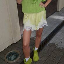 Mini Summer Lace Satin Shorts Lace Trim Casual Shorts for Women Beach Daily Wear - Amarillo - Ver 2