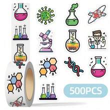 500 piezas/rollo Pegatinas de química impermeables, pegatinas decorativas de patrones moleculares de ADN de dibujos animados lindos y estéticos, pegatinas autoadhesivas e impermeables, perfectas para decorar diarios, álbumes de recortes, cuadernos, estuches de teléfonos, portátiles, botellas de agua, suministros de aprendizaje para estudiantes y decoración de fiestas - Multicolor - Ver 12