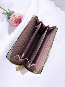 Large Capacity Long Wallet, Faux Leather Multi-Function Zipper Wristlet Wallet - Grey - View 4