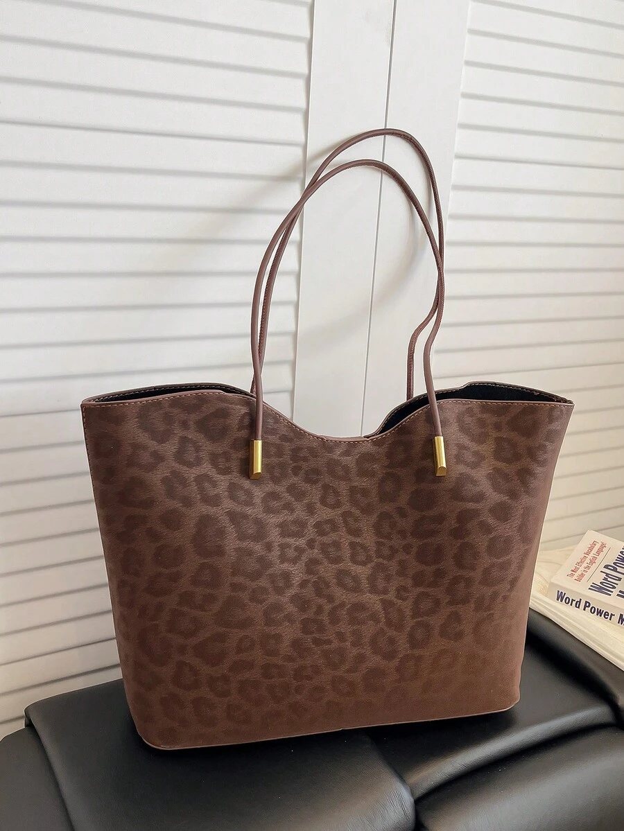 2pcs Women's Black Quilted Lining Tote Bag, Fashion Large Capacity Shoulder Bag With Snap Closure, Casual Street Style For Photography, Daily Commute - Coffee - View 1