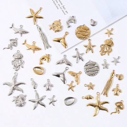 1pc Fashionable Versatile 304 Stainless Steel Gold/Silver Squid, Starfish, Shell Pendant, Suitable For Jewelry DIY, Ocean Series