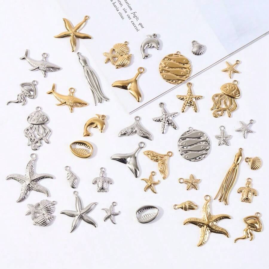 1pc Fashionable Versatile 304 Stainless Steel Gold/Silver Squid, Starfish, Shell Pendant, Suitable For Jewelry DIY, Ocean Series - Silver - View 1