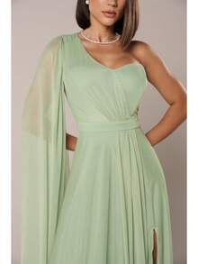 Long Wedding Dress For Bridesmaid - Flowing Style With Cape And Slit - Mint Green - View 2