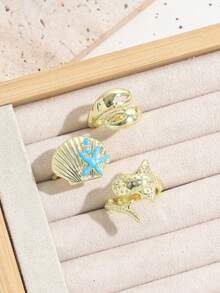 Bộ 3 nhẫn hình sao biển và vỏ sò phong cách nghỉ dưỡng, nhẫn hình sao biển màu xanh nhiều họa tiết dành cho nữ. - Vàng - Xem 5