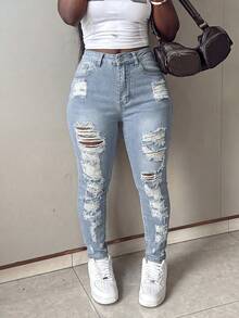 Women's Casual Ripped Skinny Sexy Stretch Denim Jeans, Long Button Design, Medium Stretch - Light Wash - View 4