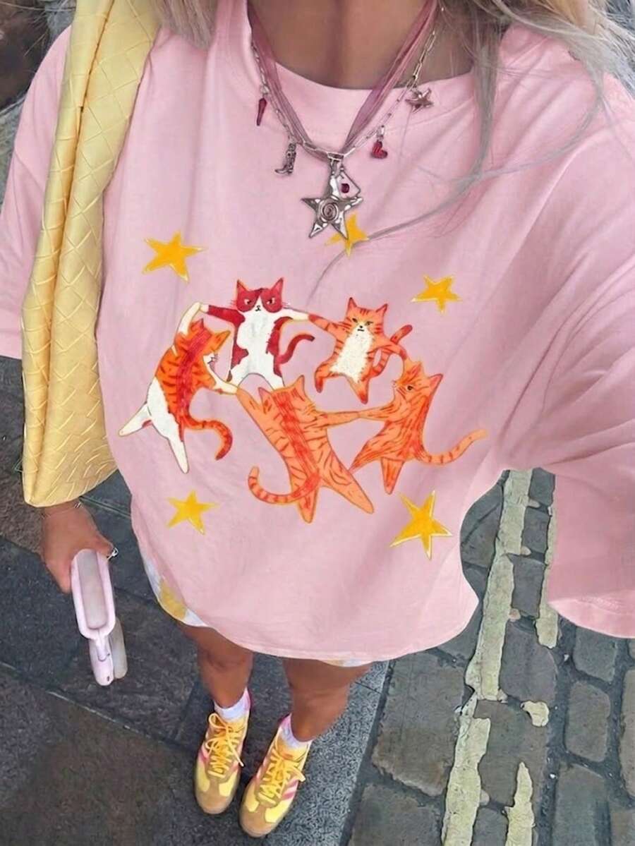 2000年代风格新款夏季男女通用复古T恤，印有跳舞猫和星星图案，宽松舒适，适合夏季休闲穿着，粉色 - 粉色 - 查看 1