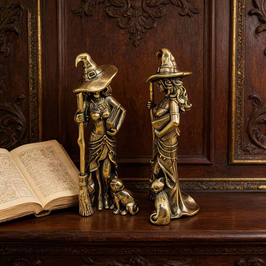 Vintage Antique Finish Witch Statue Holding Spell Book And Kitten Decorative Desktop Ornament Gothic Style Home Halloween Decor
