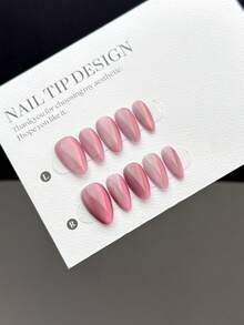 10pcs Handmade Wearable Nail Stickers, Short Almond-Shaped Fake Nails, Featuring Gentle Sweet And Cool Style. With Translucent Pink Rose Cat Eye Effect, Paired With Pointed Almond Nails. Minimalist Solid Color Design Represents Elegant Elegant, Suitable For Ladies' Daily Wear, Comes With Manicure Set - Multicolor - View 2