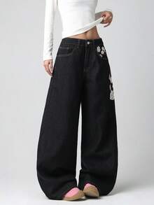 1 pezzo Jeans in denim stile coreano da donna, pantaloni lunghi casual larghi per tutte le stagioni (questo prodotto non include cintura/accessori) Bianco - Bianco - Visualizzare 6