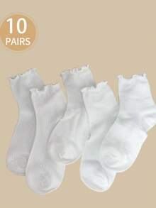 5 Pairs Mid-Calf Socks, Pure White With Striped Ruffle Design, Suitable For Home, Travel, Vacation And All Seasons - White - View 9
