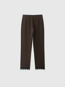 Pantalones de primavera de unicolor, informales, con parches de encaje y bolsillos con cremallera lateral - Marrón oscuro - View 2