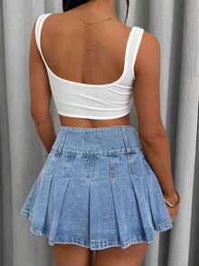 Falda mini plisada casual y versátil para citas y salidas de verano para mujer - Azul lavado oscuro - Ver 5