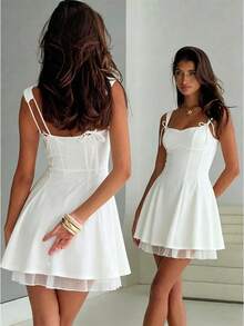 Women's Flower Embroidery Boho Mini Dress Backless Self-Tie Bowknot Square Neck Wide Straps Ruffle Mini Dresses Sleeveless Summer Vacation Short A-Line Dress - Ivory - View 1