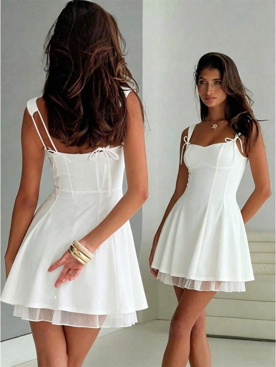 Women's Flower Embroidery Boho Mini Dress Backless Self-Tie Bowknot Square Neck Wide Straps Ruffle Mini Dresses Sleeveless Summer Vacation Short A-Line Dress - Ivory - View 1