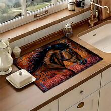 1pc Home Decor, Horse Retro Pattern Printed Absorbent Dish Drying Mat, Espresso Machine Countertop Absorbent Mat, Sink Drain Mat, Soft Faucet Absorbent Mat, Sink Cup Mat, Kitchen & Bathroom Accessories - MultiWarna - View 4