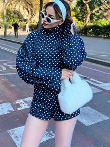 女士休闲优雅藏蓝色波点飞行员夹克，短款运动外套，Y2K街头风格，适合度假和户外活动 - 藏蓝色 - 查看 7