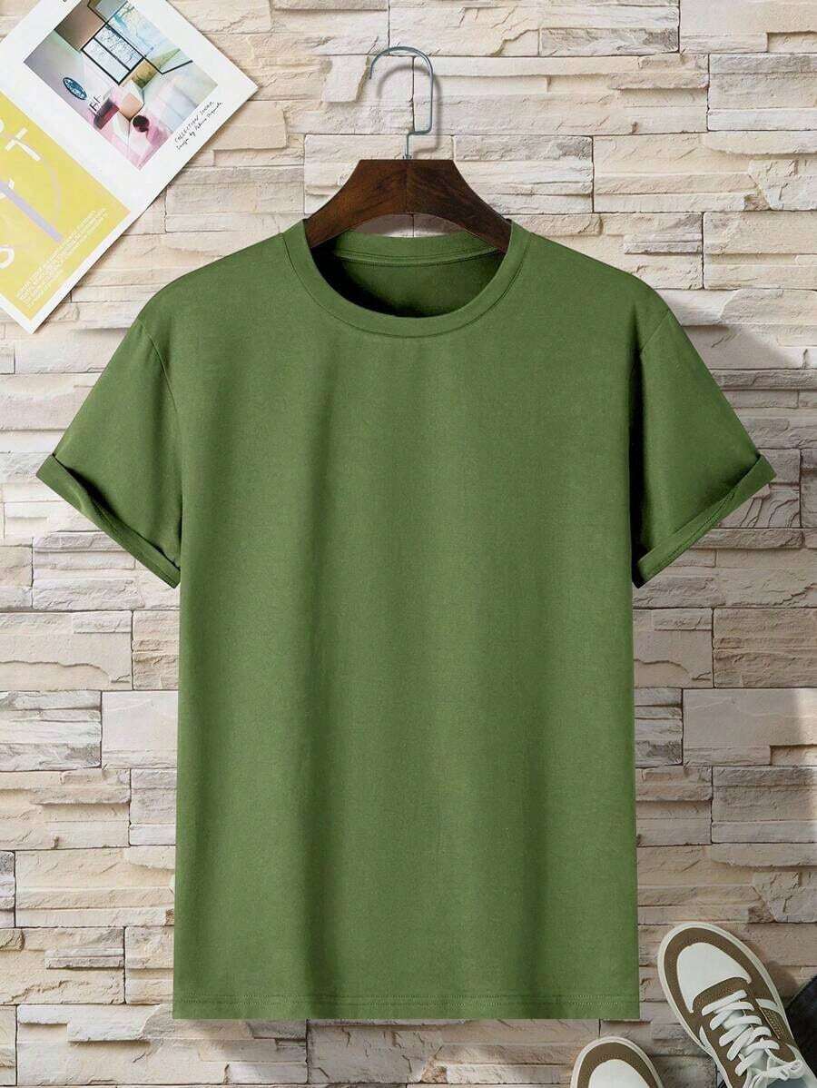 Camiseta de Cuello Redondo de Color Sólido para Hombre Manfinity Dauomo - Verde militar - Ver 1