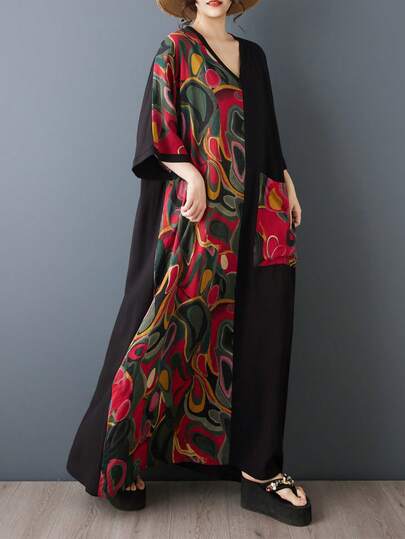 AZAH 2026 Summer Women's V-Neck Loose A-Line Dress With Batwing Sleeves, Pockets, Casual Bohemian Beach Vacation Dress For Daily Wear
