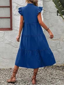 Vestido de esmoquin con cuello en pico y ribete de volantes para ropa de Año Nuevo, vestidos largos para vacaciones y atuendos de playa para mujeres - azul real - Ver 2