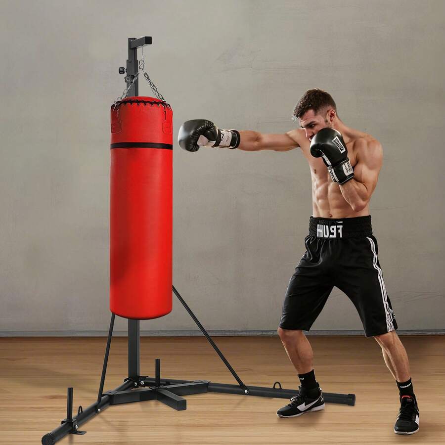 Boxsackständer Boxsackhalter Trainingsgerät aus Stahl (65 kg belastbar) höhenverstellbares freistehendes Sandsackgestell Ständer mit beschwerter Basis, Trainingsgerät für Fitness-Studio - Boxsackgestell 46,5*46,5*91 Zoll - Übersicht 1