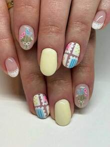 24pcs Fresh Cream-Yellow French Lace Polka Dot Handpainted Floral Acrylic Press-On Nail Stickers Set, Includes 1 Piece Jelly Gel And 1 Piece Nail File, Easy To Wear, Suitable For Spring/Summer Manicure And French Manicure, Suitable For Women And Girls For Daily Wear And Dates - Multicolor - View 1