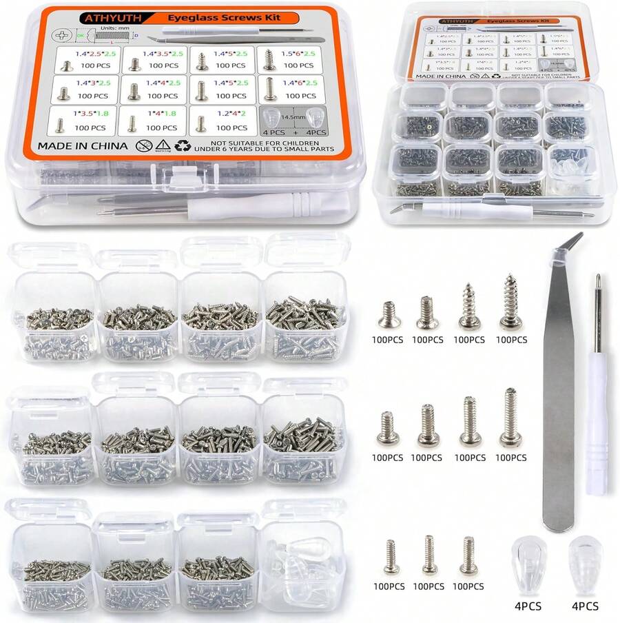 1100Pcs (11 Sizes) Micro Screw Kit Eyeglass Sunglass Repair Kit With Magnetic  Screwdriver And Tweezers For Repairing Spectacles(Come With Nose Pads), Watches, Jewelry And Cell Phones - 白色 - 查看 1