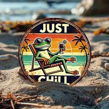 1pc 2D Flat Printed Round Iron Decorative Sign Plaque, Chill Out, Summer Tropical Frog Beach Tropical Palm Tree Theme, Iron 20*20 CM 8*8 Inch), Perfect For Bar, Pub, Living Room, Lounge, Room, Bedroom Decor (Random Hole Position) - A - View 5