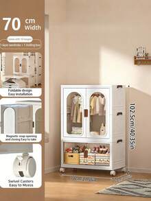 70CM/ 27.55in Large Foldable Storage Box With Wheels And Lid, Stackable Storage Box, Front Folding Wardrobe Storage And Storage Space, White - White - View 2