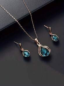 3pcs Luxury Sparkling Blue Teardrop Necklace & Earrings Set, Fashion Elegant Jewelry - Blue - View 10