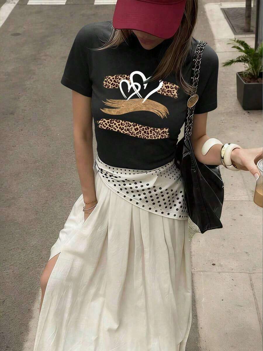 Camiseta casual de verano para mujer con estampado de leopardo vintage y diseño de corazón, cuello redondo, manga corta, estilo vintage urbano, unisex, holgada, de algodón, blusas para mujer. blusas.blusas casuales para dama. - Negro - Ver 1