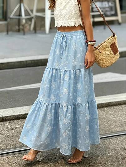 Summer French Style Light Blue 3-Tier Floral Embroidery Ruffle Hem High Waist Drawstring A-Line Skirt, Suitable For Beach, Commute, Date