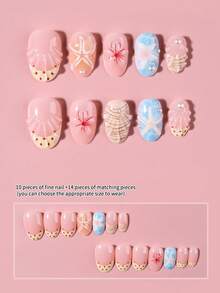 24pcs Short Oval 3D Gel Nail Stickers, Create Ocean Theme Nails, Patterns Include Starfish, Seashell And Pearl Decor Design, Acrylic False Nail Set, Includes: 1pc Jelly Gel And 1pc Nail File. - Multicolor - View 3