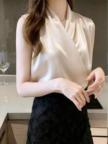 Áo kiểu satin không tay thanh lịch dành cho nữ, thiết kế cổ áo xếp lớp, chất liệu vải dệt, chiều dài tiêu chuẩn, thích hợp mặc mùa hè, có độ co giãn nhẹ. - Rượu sâm banh - Xem 2