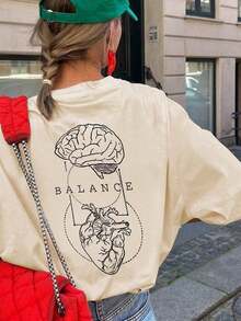 Camiseta casual para mujer, con estampado de anatomía del cerebro y el corazón, corte holgado y oversize, estilo callejero de cuello redondo y manga corta, adecuada para ir al trabajo, viajes urbanos, salidas de verano, reuniones con amigos, brunch de fin de semana en color negro - Albaricoque - Ver 5