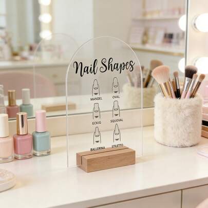 Tablero de Exhibición de Uñas Acrílico Transparente Perfecto, Cartel de Formas de Uñas Acrílico con Base de Madera, Tablero de Exhibición para Salón de Manicura, Guía de Formas de Uñas (Mandarín, Oval, Huevo, Cuadrado, Bailarina, Stiletto), Cartel Decorativo para Salón de Arte de Uñas