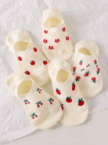 5 Pairs Cherry & Strawberry Pattern White Women's Boat Socks, Non-Slip, Breathable, Suitable For Spring/Summer - White - View 8