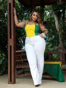 Women's Plus Size Cropped Top, Green And Yellow, World Cup Brazil, Cheering For The Brazilian National Team, Brazil's Games, Curve - 綠/黃 - 查看 4