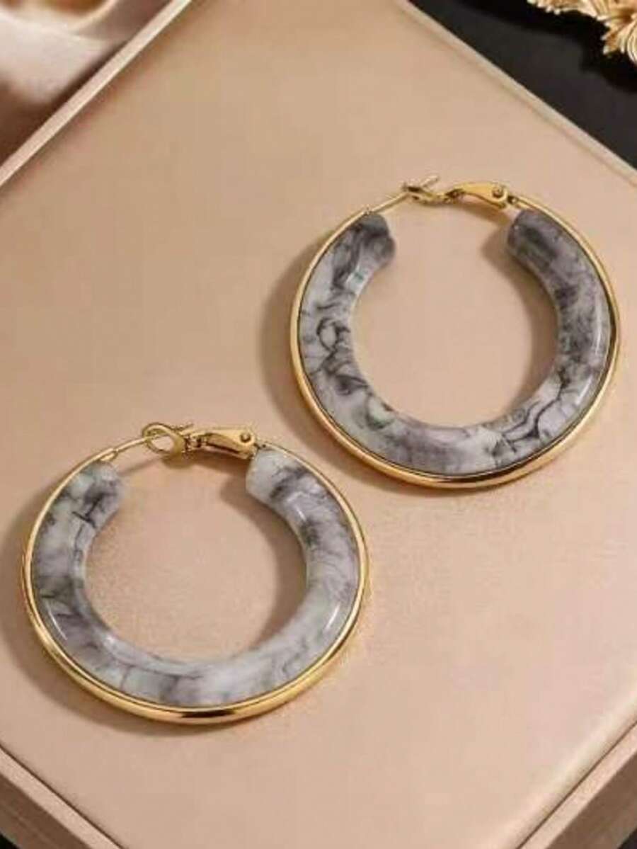 Pendientes de aro redondo de resina con estilo retro europeo y americano, con electrochapado de lujo elegante - Multicolor - Ver 1