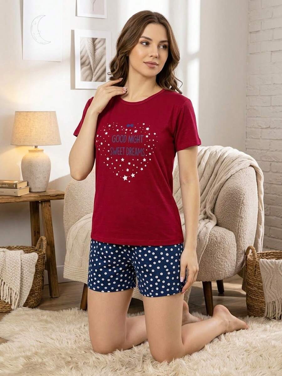 Pijamale de vară pentru femei, cu imprimeu de inimă și stele, 100% bumbac, cu mânecă scurtă și pantaloni scurți cu buline, moi și respirabile, pentru casă, pijamale drăguțe, casual, confortabile - Burgundia - Vizualizare 1