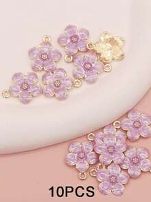 10 piezas/paquete Colgante pequeño con forma de flor de aleación de zinc con esmalte rosa, adecuado para hacer pendientes, collares y pulseras DIY - Rosa - Ver 15