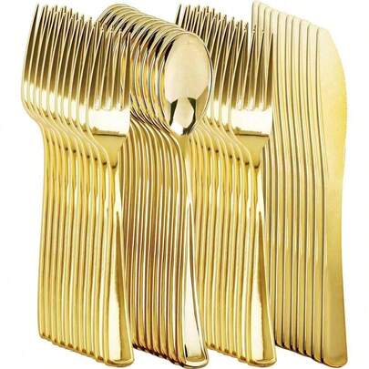 100/50/25/10/2pcs Gold Reusable Cutlery Set, Includes Cake/Salad Forks, Spoons, Suitable For Home, Restaurant, Wedding, Outdoor, Birthday, Party, Holiday Gatherings, Kitchen Accessories, Mother's Day, Back To School Party